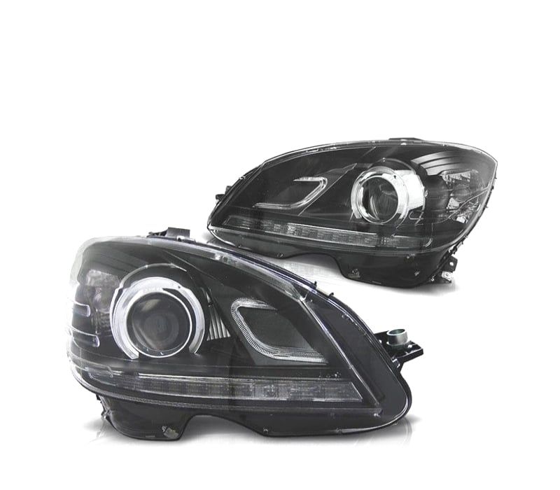 FARÓIS MERCEDES CLASSE C W204 07-11 FUNDO NEGRO LUZ DIURNA LED