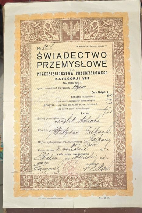 Oryginalne Świadectwa Przemysłowe II RP (1932 i 1933 r.) – Rajkowy / Tczew, Znaczki Opłaty.