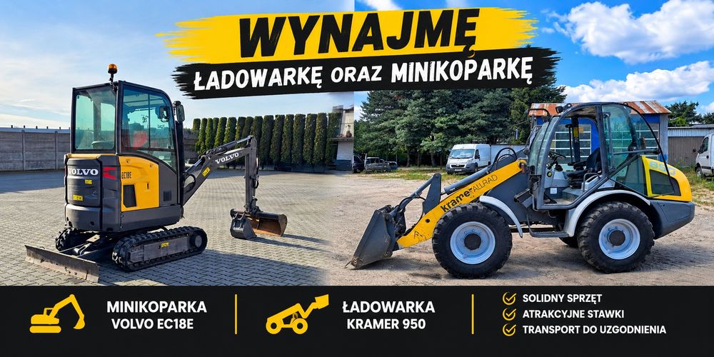 Wynajem wypożyczalnia ładowarki, minikoparki