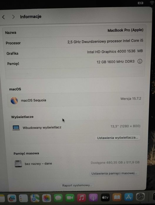MacBook Pro (Apple) 13,3" i5 ram 12GB dysk 512GB macOS SEQUOIA