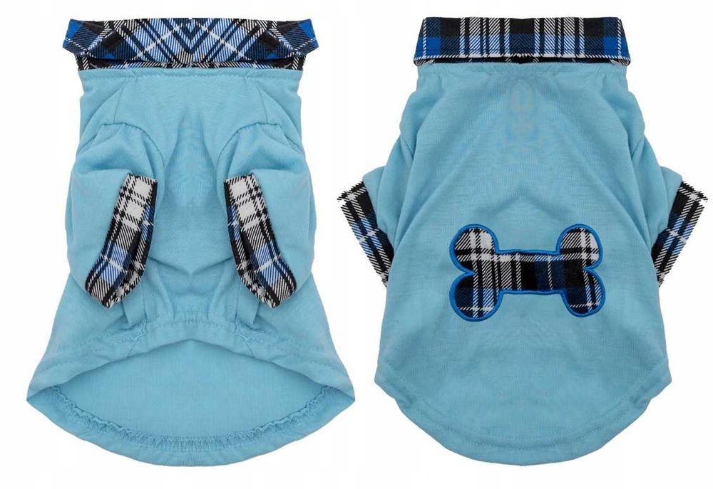 Niebieska Bluza Dla Psa r. S – Koszulka Z Kołnierzykiem Grafika Kostki
