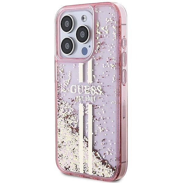 Etui Guess Liquid Glitter Gold Stripes na iPhone 15 Pro - różowe