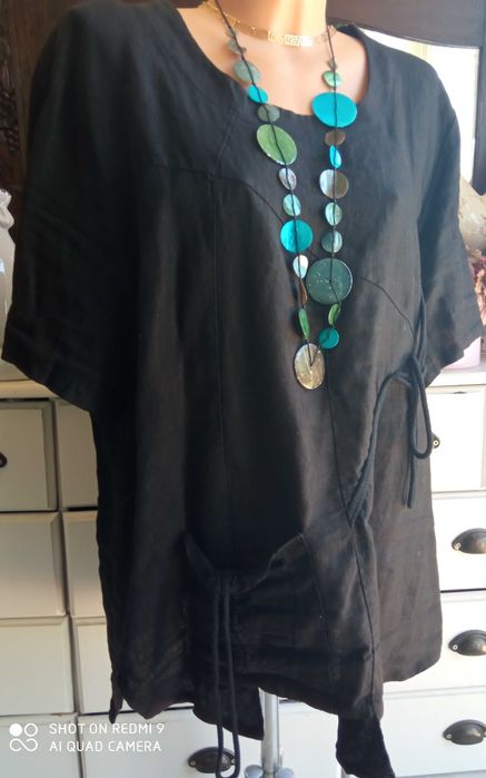 Asymetryczna lniana bluzka 100% len czarna 128 cm pachy 50 52