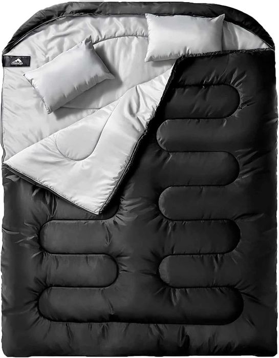 Saco de dormir duplo para adultos com travesseiro, tamanho XL Queen, ideal para camping, trilhas e mochilão em todas as estações.