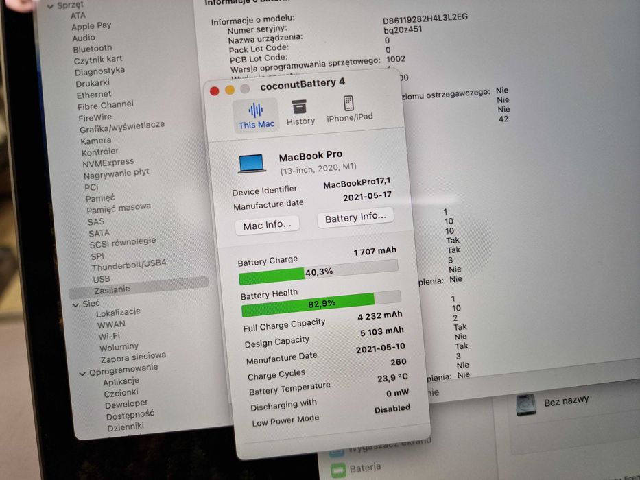 Macbook PRO 13 2020/ M1/ 16GB/ 256GB/ Space Gray/ 260 cykli/ Grade A-