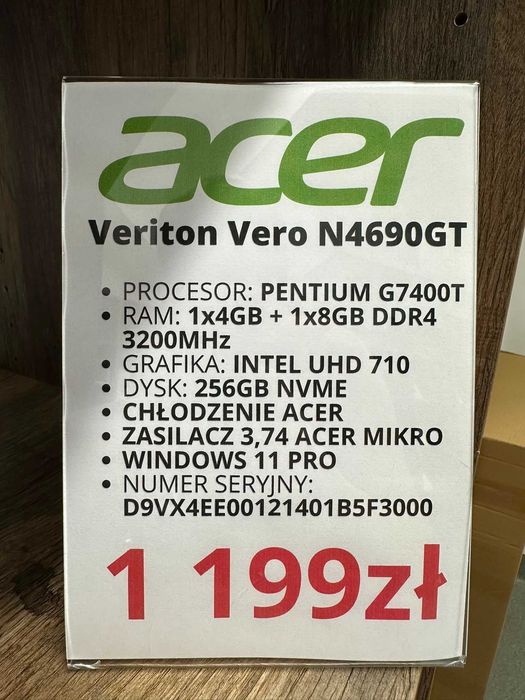 Komputer Acer Veriton Vero N4690GT Pentium G7400T/12GB/256GB/WIN stan bdb gwarancja