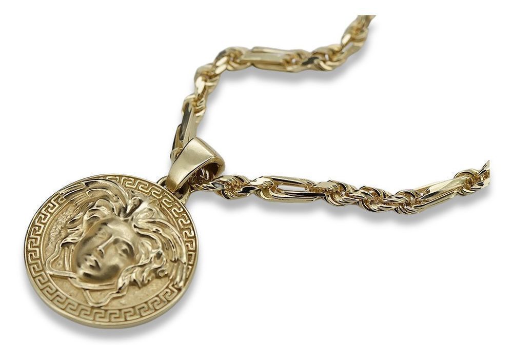 Złoty medalik Grecka droga Versace 14k 585 z łańcuszkiem Corda Figaro