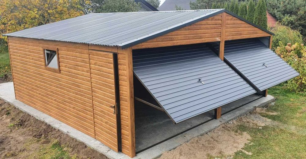 Garaż blaszany 6x5 Premium Garaz drewnopodobny grafit Garaże blaszane Premium 6x5 6x5.8 6x6 6x7 7x7 PRODUCENT