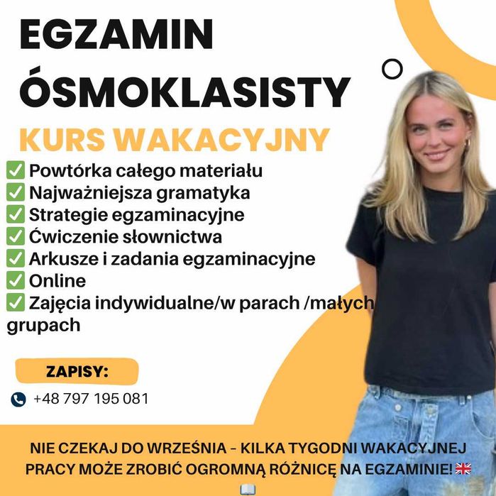 Korepetycje angielski (wakacyjny kurs przyspieszony do egzaminu ósmoklasisty)
