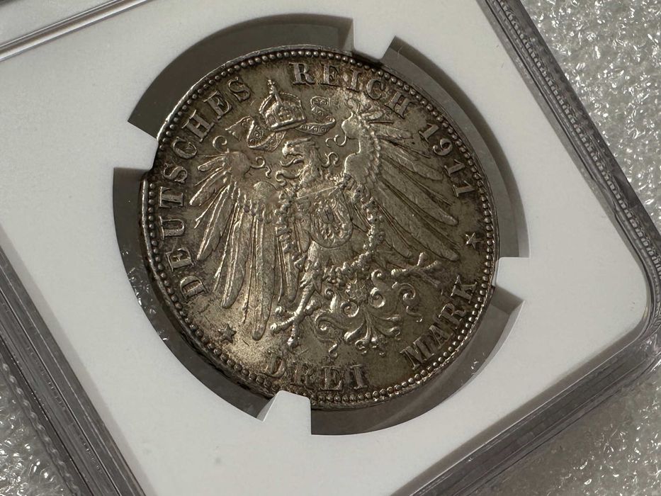Срібна монета 3 марки Німецька імперія Баварія 1911 Луітпольд NGC MS-64