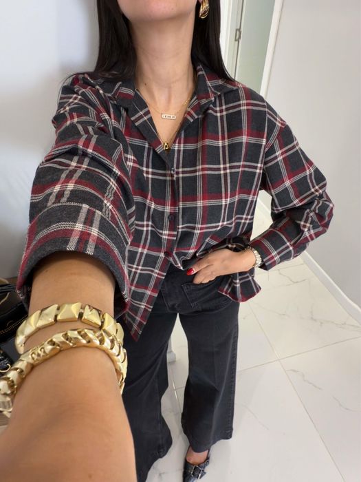 Трендова оверсайз сорочка в клітинку, картата сорочка сірий/бордовий