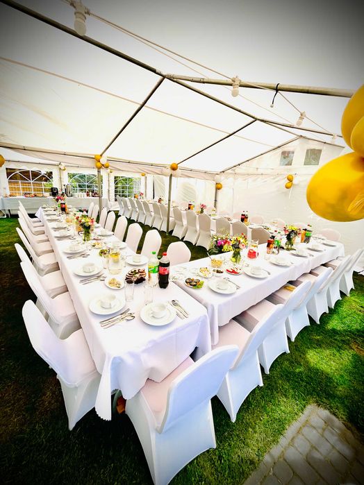 Wynajem namiotów , krzeseł , stołów , zastawy , pokrowców , nagrzewnic