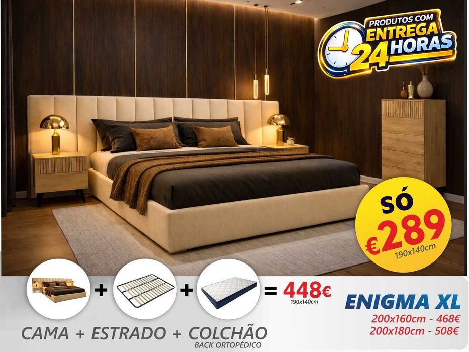 Cama de Casal Estofada Enigma XL (Cabeceira Longa) - Direto do fabricante de Paços de Ferreira