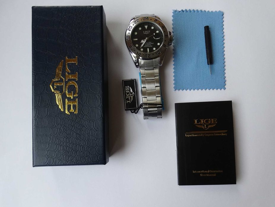 Zegarek Lige kwarcowy masywny datownik lupa bransoleta luma WR30 BOX