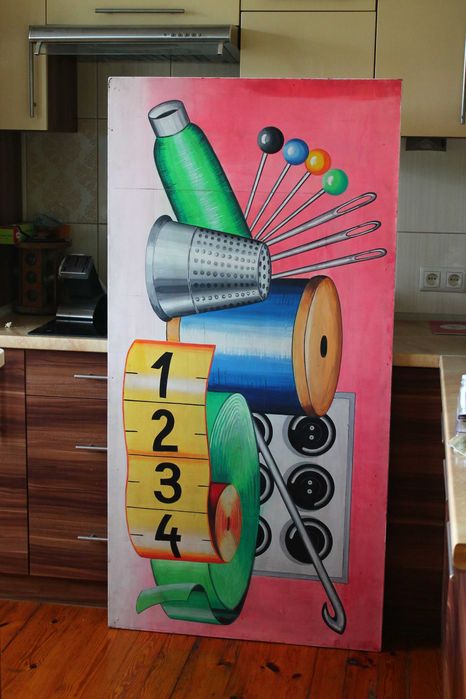 Reklama obraz z PRL 1974r. tempera na desce, unikat,