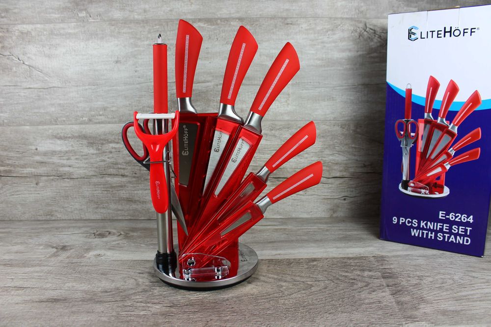 Czerwony Zestaw noży Elitehoff E-6264 – 9 el. obrotowy stojak