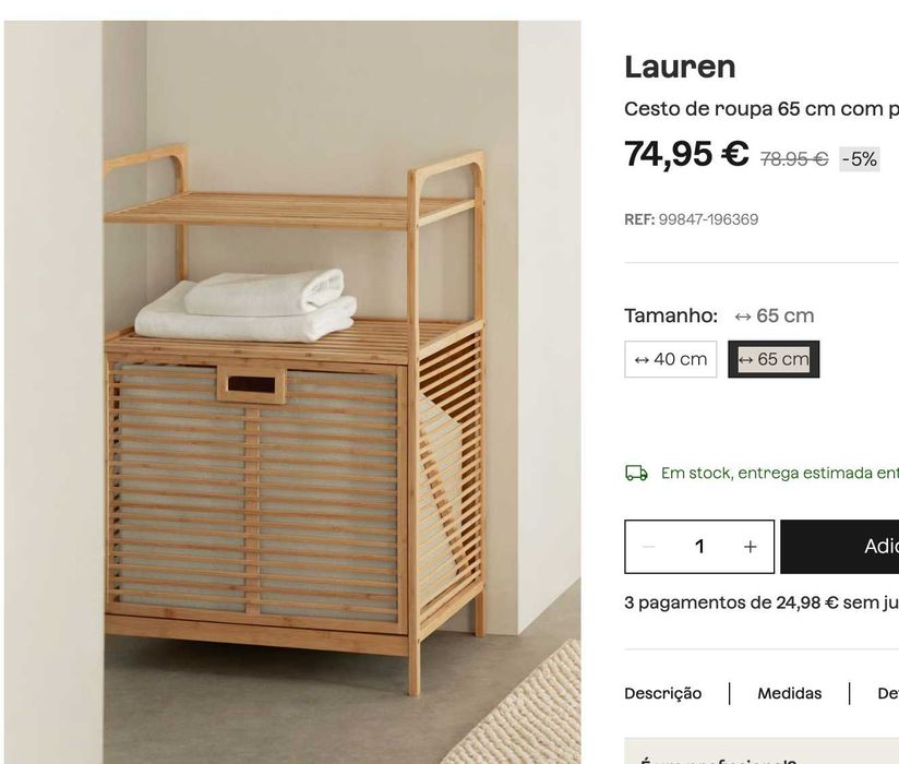 Cesto de roupa 65 cm com prateleira de bambu Lauren