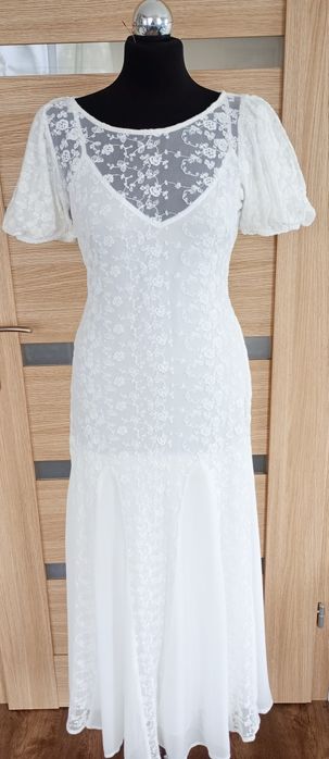 ASOS Koronkowa sukienka maxi 36 w kolorze kości słoniowej z bufkami