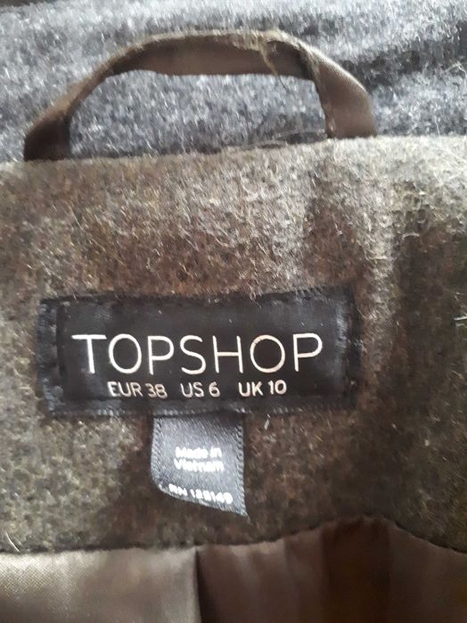 Ciemnozielony płaszcz dwurzędowy, 46%wełna, rozmiar 38, Topshop
