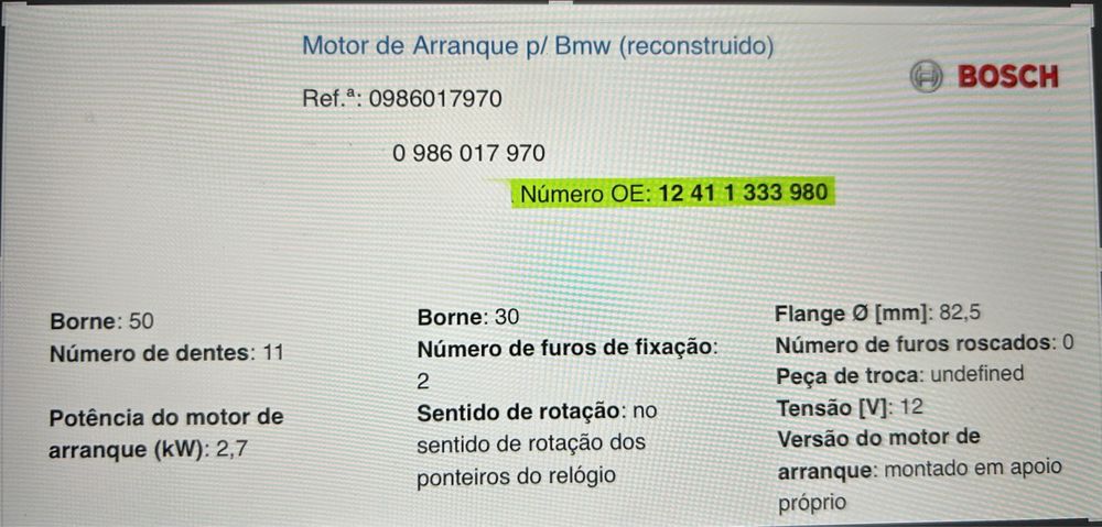 Motor Arranque Bosch para BMW, Land Rover e Range Rover I