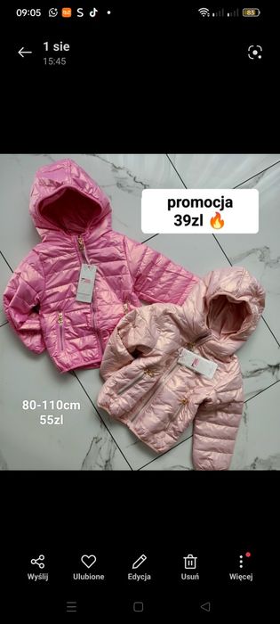 Kurtka wiosenna różowa pudrowa 80-110cm zloty zamek
