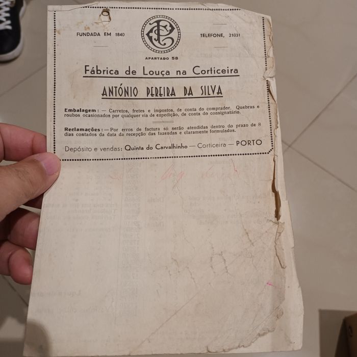 Antiga tabela de preços fábrica de louça da Corticeira António pereira