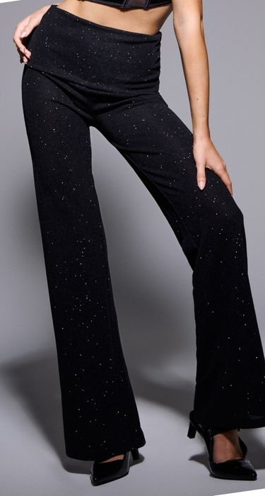 Spodnie eleganckie imprezowe poszerzona nogawka, brokat, dzwony, flare