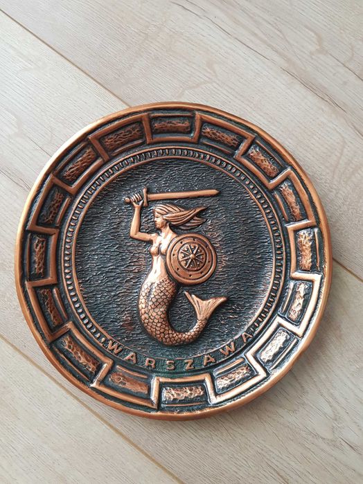 Miedziany Talerz herb Syrenka Warszawska metaloplastyka
