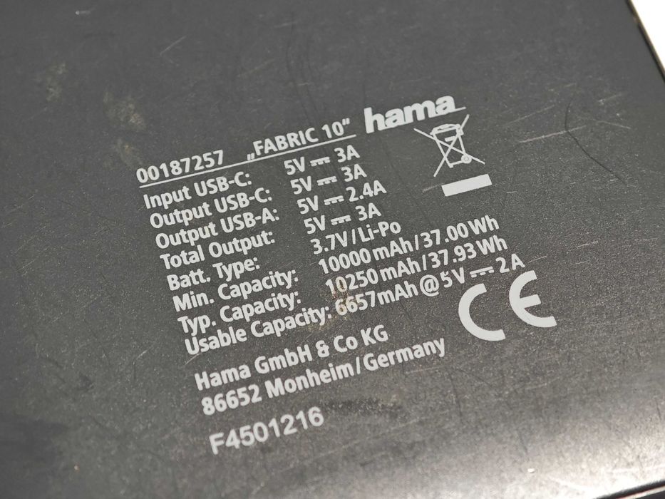 Портативний зарядний пристрій Power Bank Hama Fabric 10 10000 mAh Grey