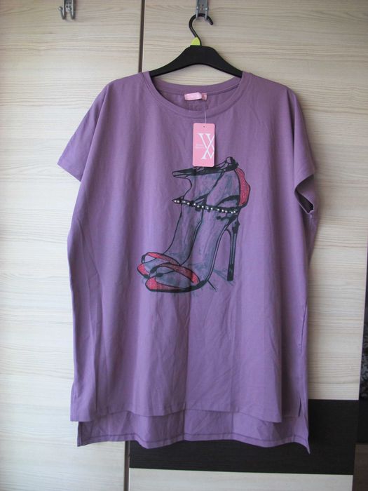 nowa 50 tunika fiolet Wawa damska szpilki bawełna elastan krótki rękaw