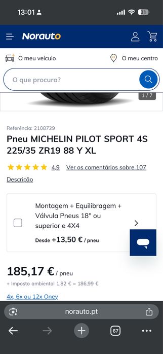 Vendo 2 pneus Michelin Pilot Sport 4, medida 225/55 R19 103Y XL (Extra Load).