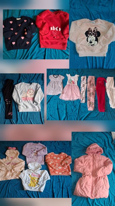 Ubrania dziewczęce czapki bluzki leginsy jeansy buty r.92-116