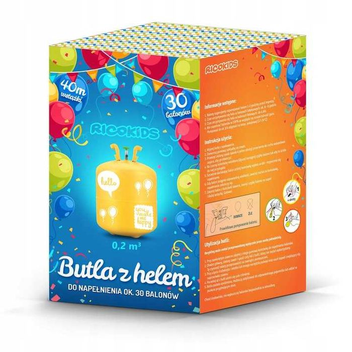 Butla z helem 0,20 m3 + balony x30 wstążka 40m hel do balonów