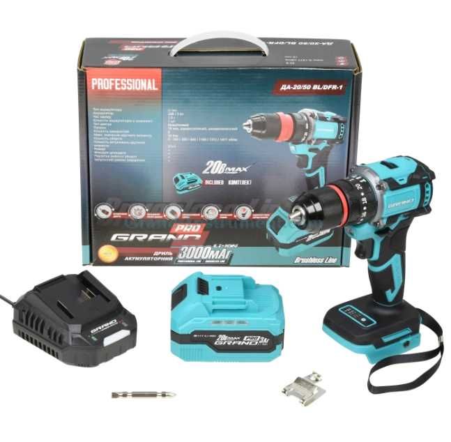 Акумуляторний дриль шуруповерт GRAND 20V 50Н ударний метал патрон 13мм