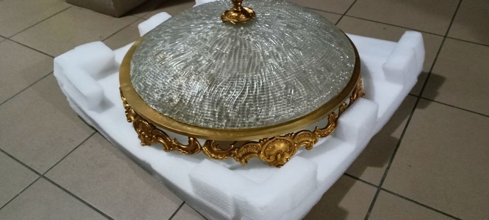 Duży Pałacowy Plafon XXL 55 cm Mosiądz Szkło Lodowe Vintage Retro