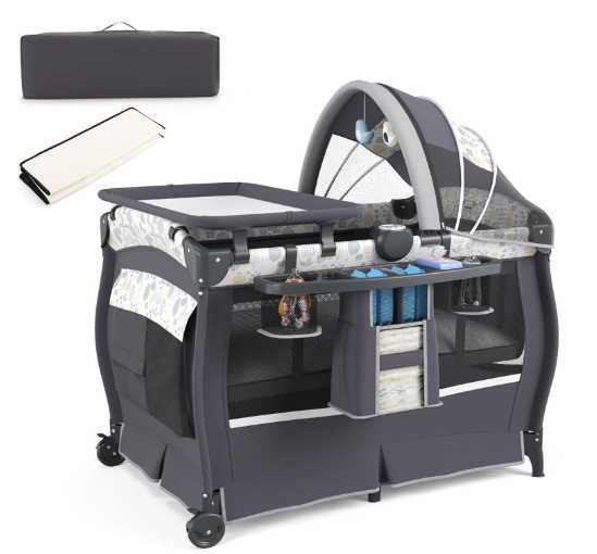 COSTWAY łóżeczko podróżne 5w1 składane z materacem przewijak daszek