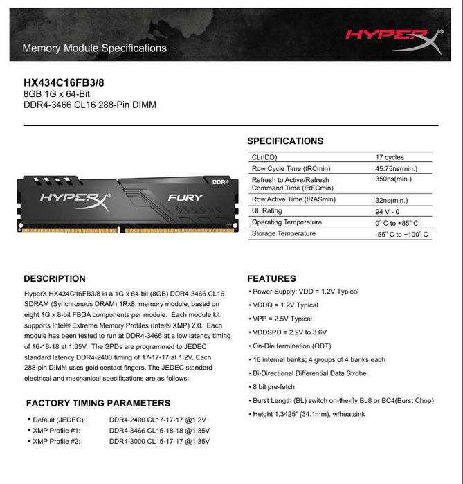 Оперативна пам’ять DDR4 - 16GB  2х8GB 3466 MHz HyperX  - HX434C16FB3/8