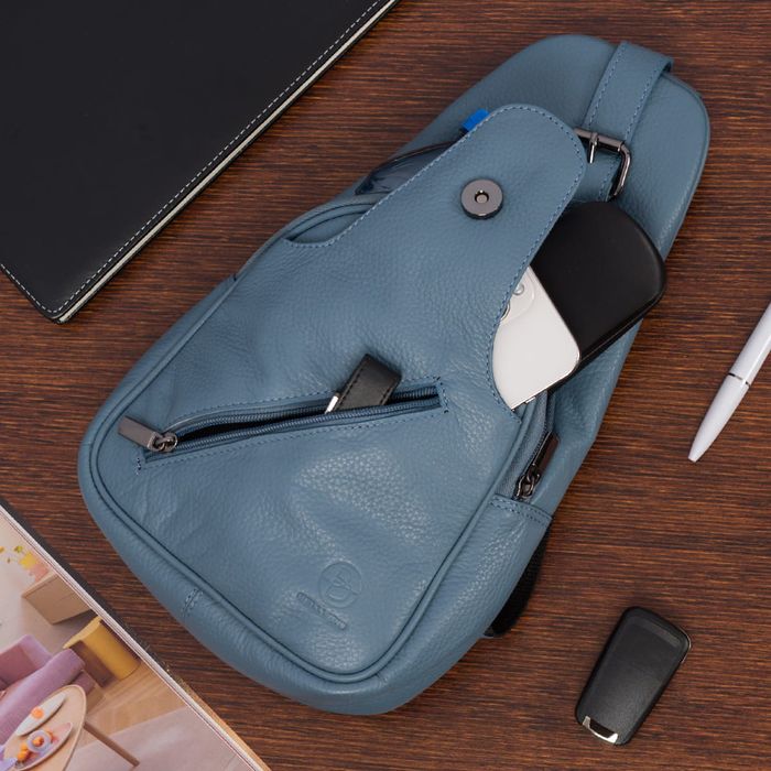 plecak miejski crossbody damski skórzany - szaroniebieski