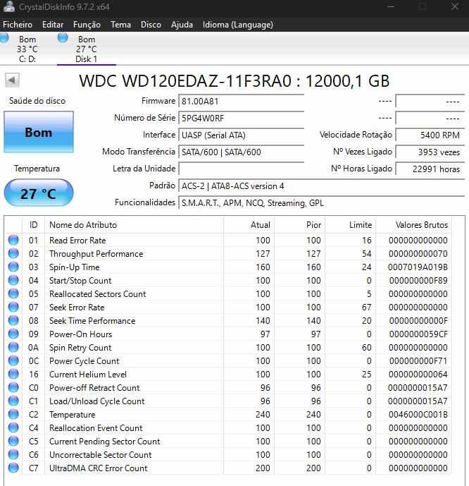 Western Digital 12TB 3.5" SATA III (WD120EDAZ) – Saúde 100% / Nível Hélio 100%