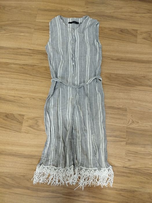 Zara Basic kamizelka narzutka szara w pionowe pasy lniana boho frędzle
