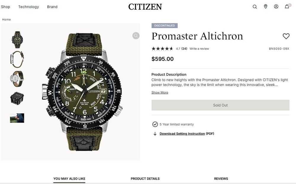 Часы Citizen BN5050-09X - альтиметр, компас, солнечная батарея, заряд