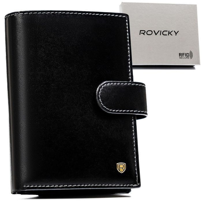 Skórzany, czarny portfel męski z zapięciem i systemem RFID - Rovicky
