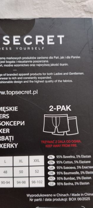 Wyprzedaż nowe Top Secret Majtki Bokserki czarny rozmiar L 95% bawełna