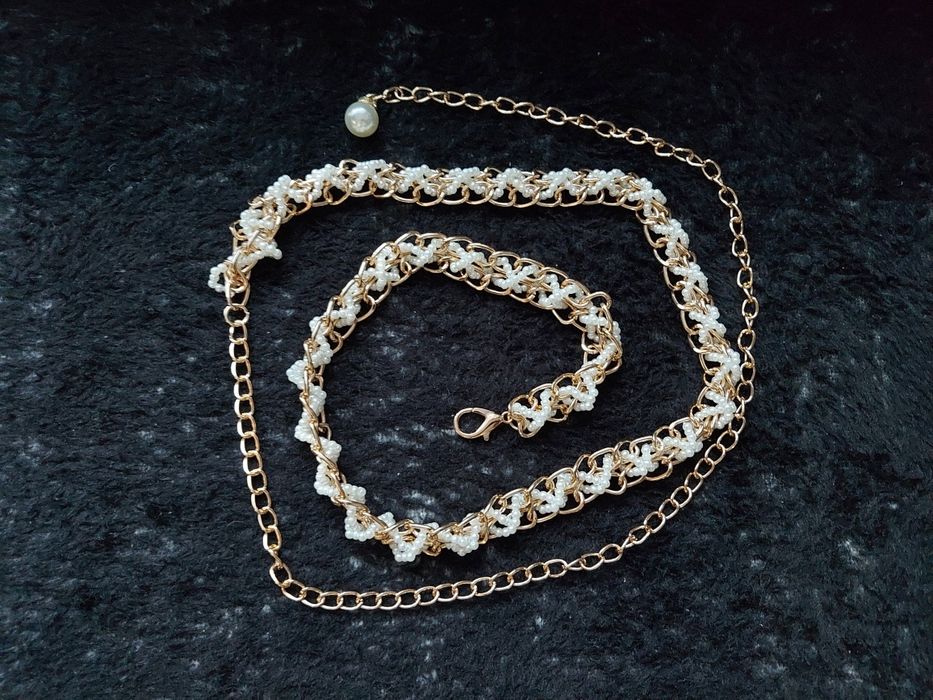 Pasek ozdobny łańcuszek perełki do sukienki, swetra