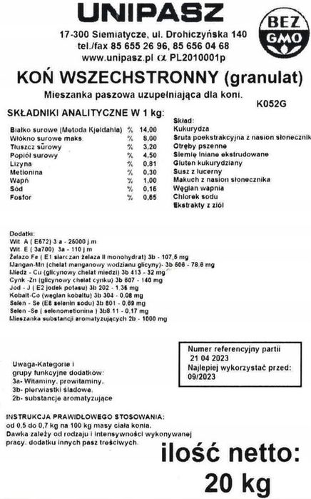 pasza dla koni koń wszechstronny 20 kg unipasz