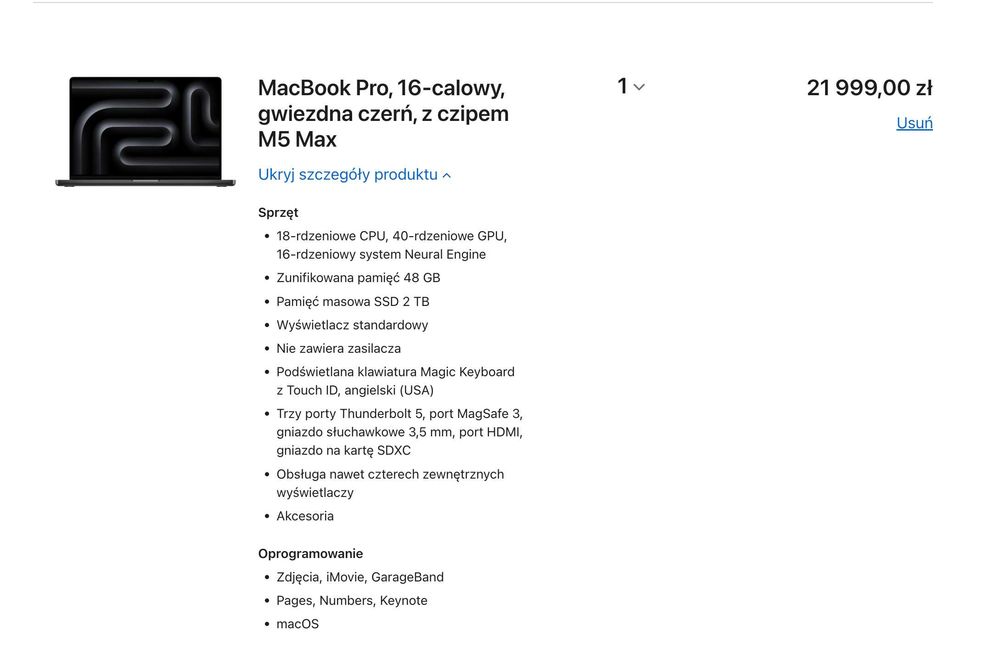 Nowy zafoliowany Macbook Pro 16” M5 Max 18Cpu, 40Gpu Najmocniejszy 48GB RAM 2TB SSD