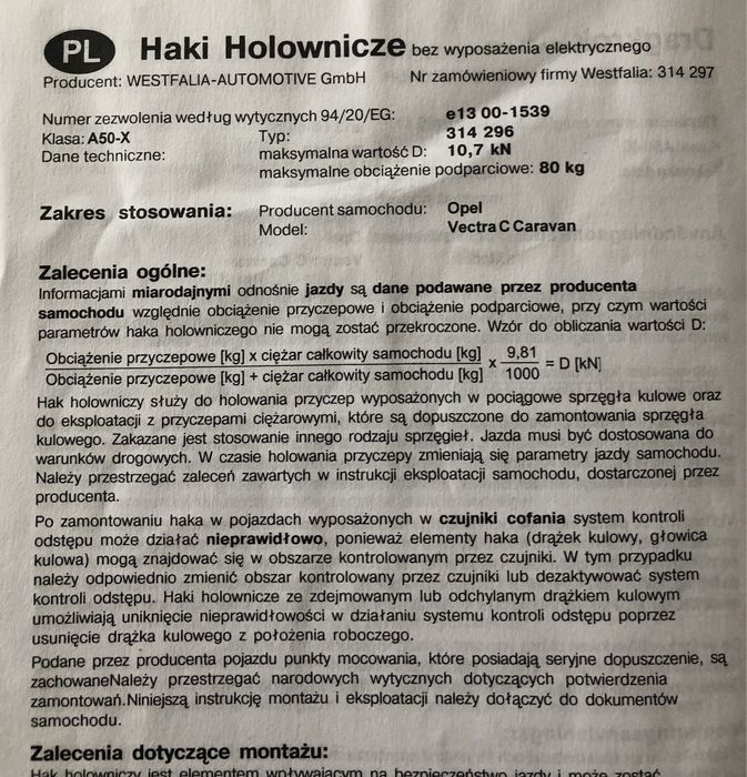 Hak holowniczy Westfalia Opel Vectra c kombi