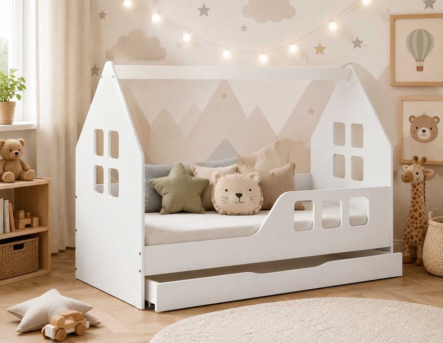 Łóżko dla dziecka dziecięce DOMEK 160x80 + materac  i szuflada Gratis Montessori