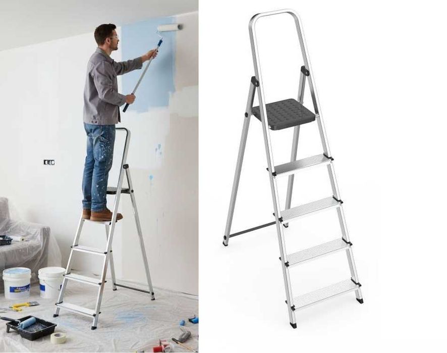 DRABINA ALUMINIOWA jednostronna 5 stopni do 150 kg składana z podestem