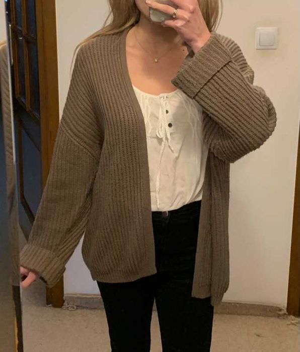 Długi brązowy sweter kardigan oversize basic casual Pull & Bear XS 34